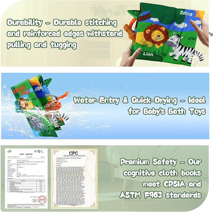 Baby Books Toys 0-12 Months with Teether,Tummy Time Crinkle Sensory Toys,High Contrast Touch & Feel Soft Book, Early Learning Infant Toys,Shower Gift for Boys Girls (Jungle Animal)