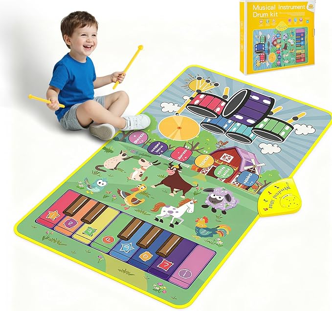 Musical Farm Animals Sounds Piano Mat for Kids, Sensory Educational Learning Toy with Drumset for Toddlers, Interactive Floor Touch Play Mat Dancing Keyboard Carpet for 1-5 Year Old Boy Girl Gifts