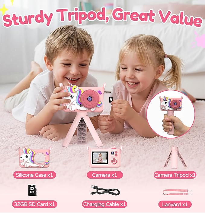Kids Camera with Tripod & 32GB Card, 1080P HD Toddler Camera, PortableToy for Girls Boys Age 3-10, Christmas Birthday Gift, Christmas Stocking Stuffers, Pink
