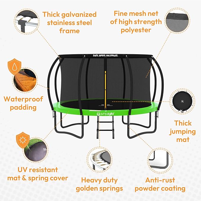 JUMPZYLLA Trampoline Outdoor 8FT 10FT 12FT 14FT 15FT 16FT with Enclosure and Ladder, ASTM Approved Recreational Trampoline for Kids and Adults, Anti-Rust Coated Frame