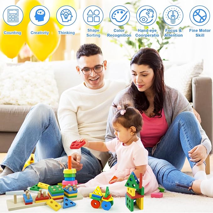 Shape Puzzles Wooden Color Sorting Toys for Toddlers 1 2 3 4 Year Old Matching Shape Sorters Toy Wooden Blocks Learning Educational Toys for Boys Girls Classroom Birthday Easter Gifts