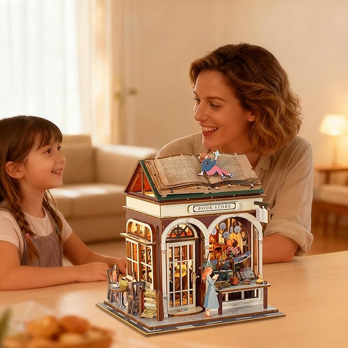 Book Nook Kit - DIY Miniature House Kit for Adults, Dollhouse Booknook Tiny House Bookshelf Decor 3D Wooden Puzzle Street Model, Ideal Gift for Book Lovers, Family, Friends (Book Store)