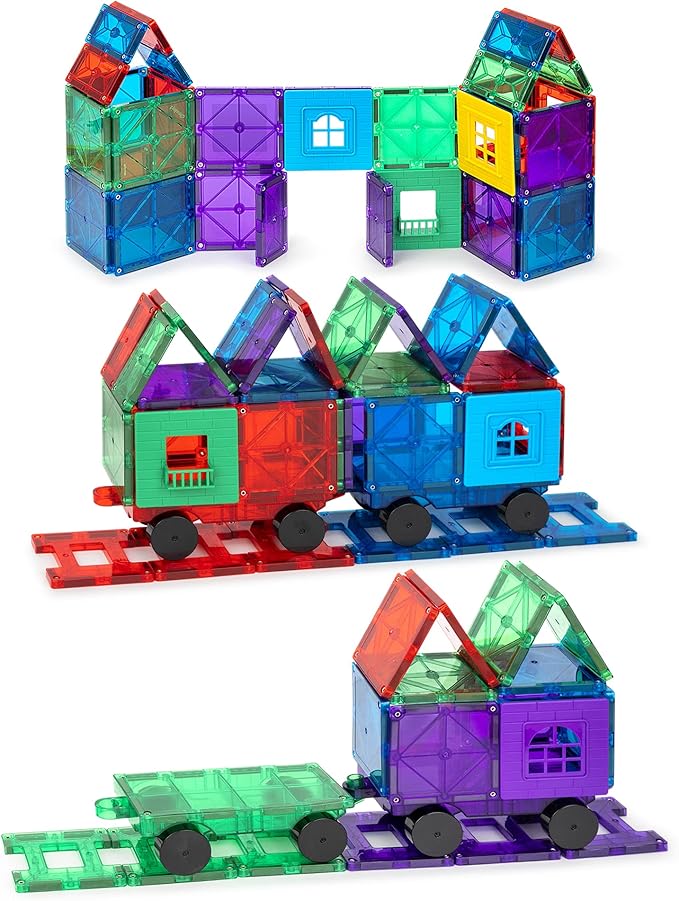 Playmags Magnetic Tiles Train Car Set for Kids - 55pcs Magnet Building Blocks Accessory Set with 4 Cars - Durable Creative STEM Learning Toys for Boys, Girls & Toddlers