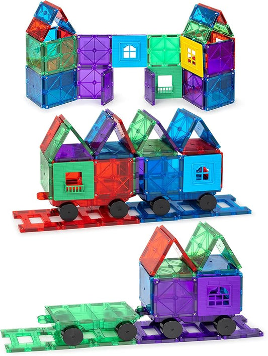 Playmags Magnetic Tiles Train Car Set for Kids - 55pcs Magnet Building Blocks Accessory Set with 4 Cars - Durable Creative STEM Learning Toys for Boys, Girls & Toddlers