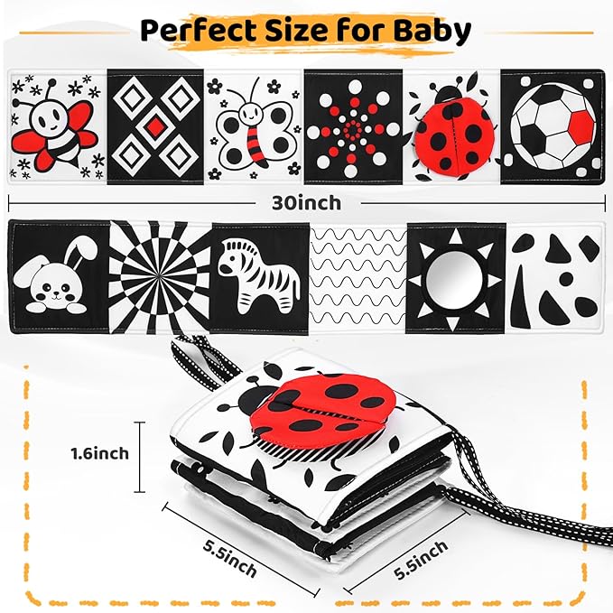 Newborn Black and White High Contrast Baby Book for 0-3 Months Brain Development, Tummy Time Sensory Infant Toys, Montessori Essentials for 0-6-12 Months Gifts