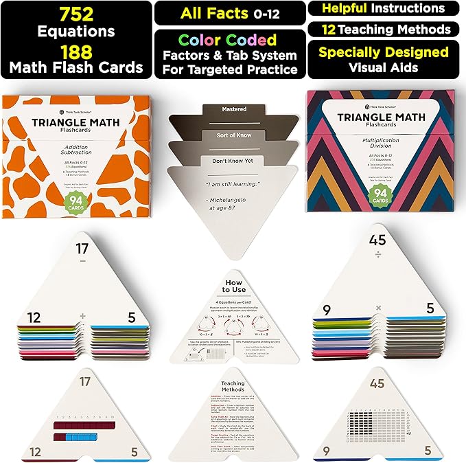 Award-Winning Triangle Math Flash Cards – 752 Facts (Add, Subtract, Multiply & Divide) – Grades K–6 – Visual Aids, Color-Coded, Mastery Sorting System