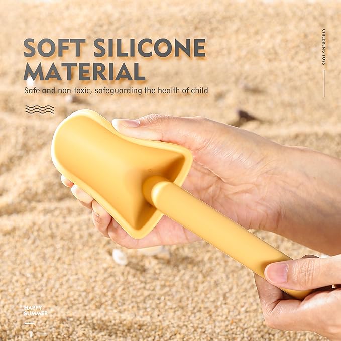 MarcZero 11Pcs Silicone Beach Toys,Modern Baby Beach Toys,Travel Friendly Beach Set,Eco Friendly Toy,Silicone Bucket, Shovel, 8 Sand Molds, Beach Bag,Silicone Sand Toys for Toddlers, Kids (Yellow)