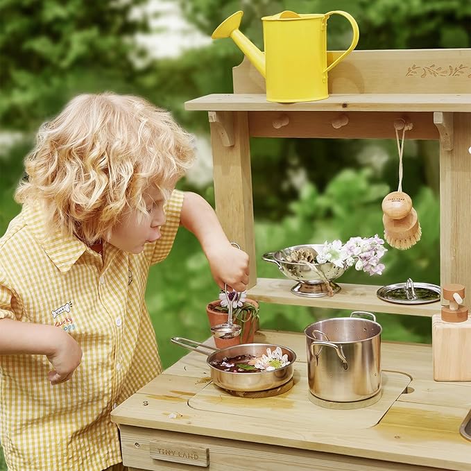 Tiny Land Outdoor Mud Kitchen for Kids, Wooden Play Kitchen with Water Tank, Water & Cooking Play, Sensory Fun, Weather-Resistant with Storage, Ideal for Toddlers Ages 3+