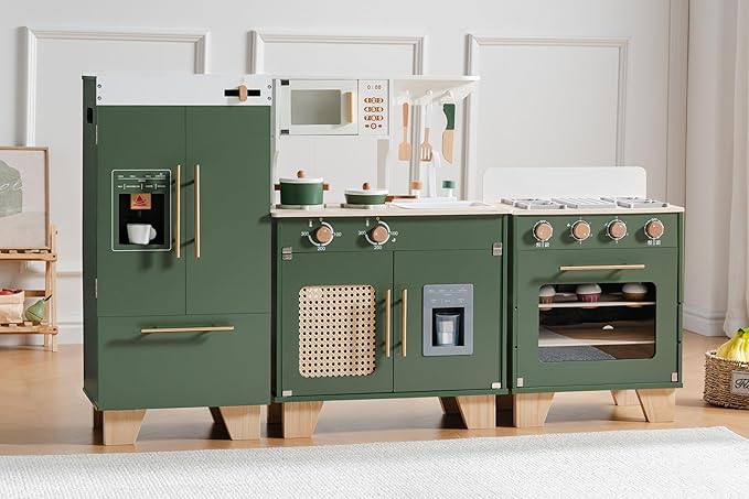 ROBUD Play Kitchen for Kids Toddlers - Wooden Toy Kitchen Set with Play Oven, Play Fridge, 3-in-1 Kids Kitchen Pretend Playset for Girls & Boys 3+