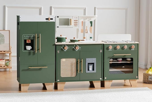 ROBUD Play Kitchen for Kids Toddlers - Wooden Toy Kitchen Set with Play Oven, Play Fridge, 3-in-1 Kids Kitchen Pretend Playset for Girls & Boys 3+