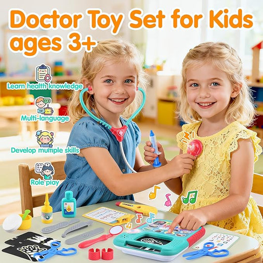 PLAY Doctor Kit for Kids with Learning Tablet, Doctors Play Set with Kids Tablet, Real Stethoscope, Various Medical Toys, Pretend Play Toys for Toddlers 3-5, Halloween Christmas Birthday Gifts