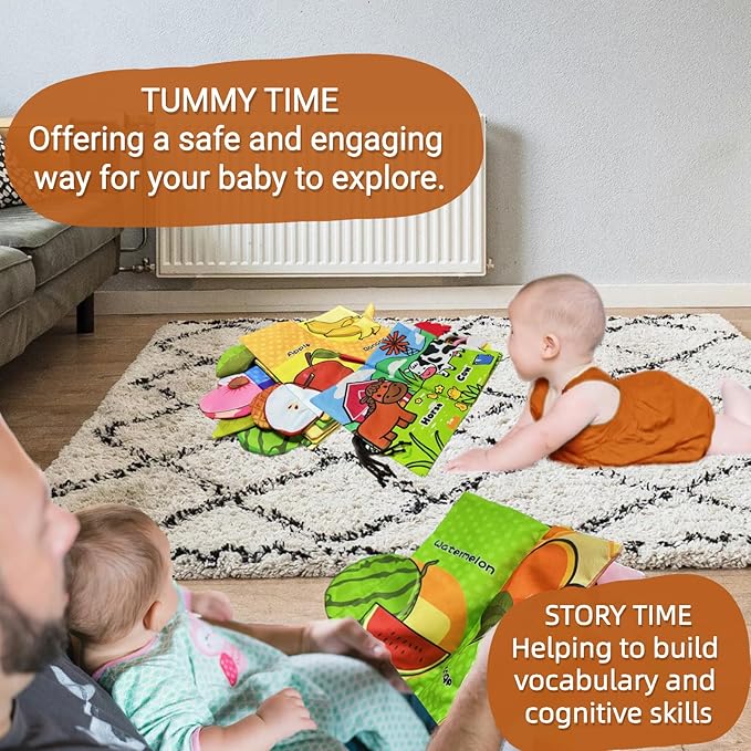Baby Books 0-6 to 12 Months Infant Cloth Stroller Toy, Tummy Time Toys for Infants 0-3-4-7-9 Month, Newborn Girl Boys Gifts Stocking Stuffers Crinkle Touch Feel Sensory Book for Babies 2PCS