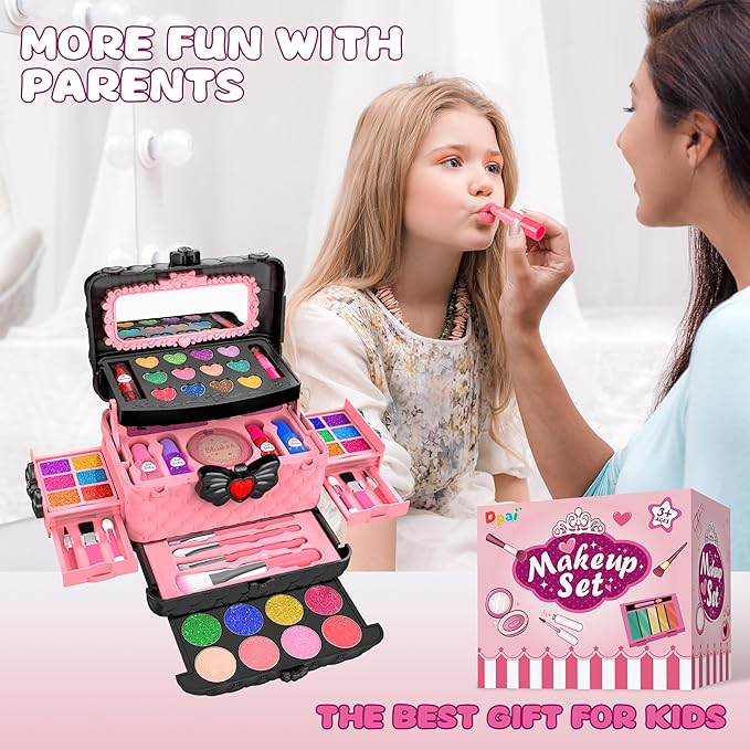 54 Pcs Kids Makeup Kit for Girls, Princess Real Washable Pretend Play Cosmetic Set Toys with Mirror, Birthday Gifts for 3 4 5 6 7 8 9 10 Years Old Girls Kids (Pink)