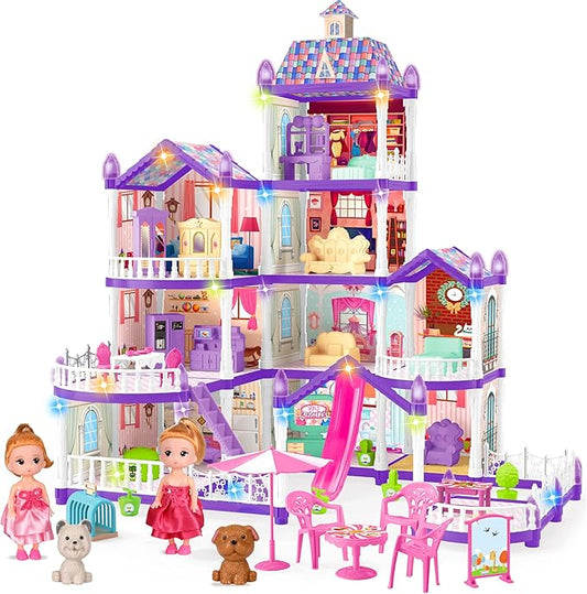 Doll House for Girls,10 Rooms Purple House Toy with Doll Figures, Puppies,Lights, Furnitures, Accessories, Kids Playhouse Gift for for 3 4 5 6 7 8 9 10 Year Old