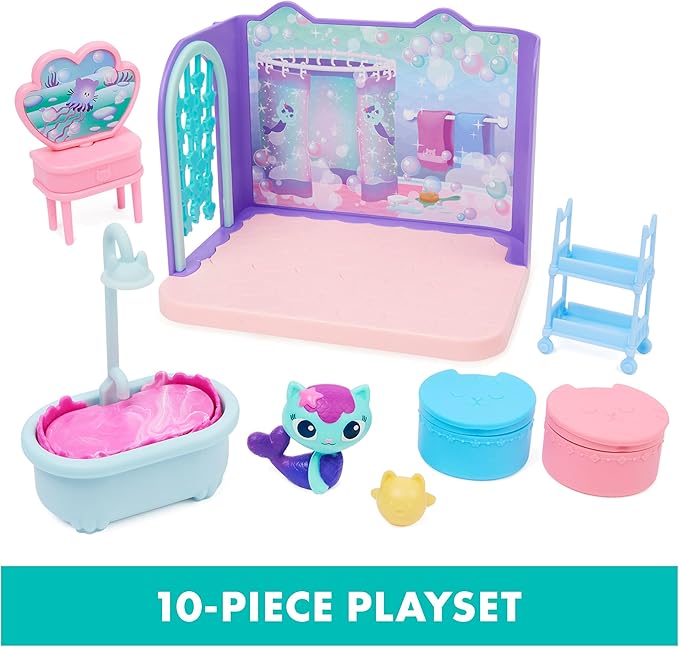 Gabby’s Dollhouse, Primp and Pamper Bathroom with Mercat Figure, 3 Accessories, 3 Furniture and 2 Deliveries, Kids Toys for Ages 3 and up