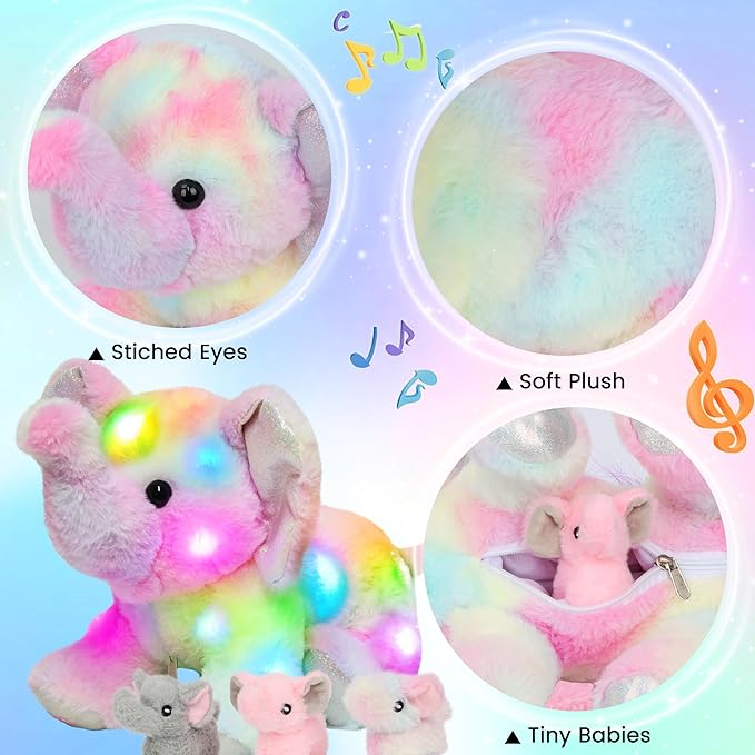 Hopearl LED Musical Stuffed Colorful Elephant Light up Singing Plush Toy Playset Mommy Elephant with 3 Baby Elephish in her Tummy Adjustable Volume Lullaby Animated Soothe Gifts for Kids, 18''