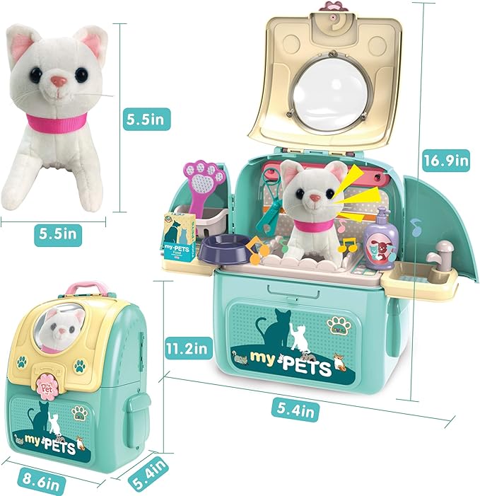 Pet Cat Carrier Backpack Toy, MAGIC4U 23PCS Pet Care Playset,Vet Clinic and Doctor Kit for Kids, Pet Veterinarian Medical Role Play Set for Boys and Girls Ages 3-6