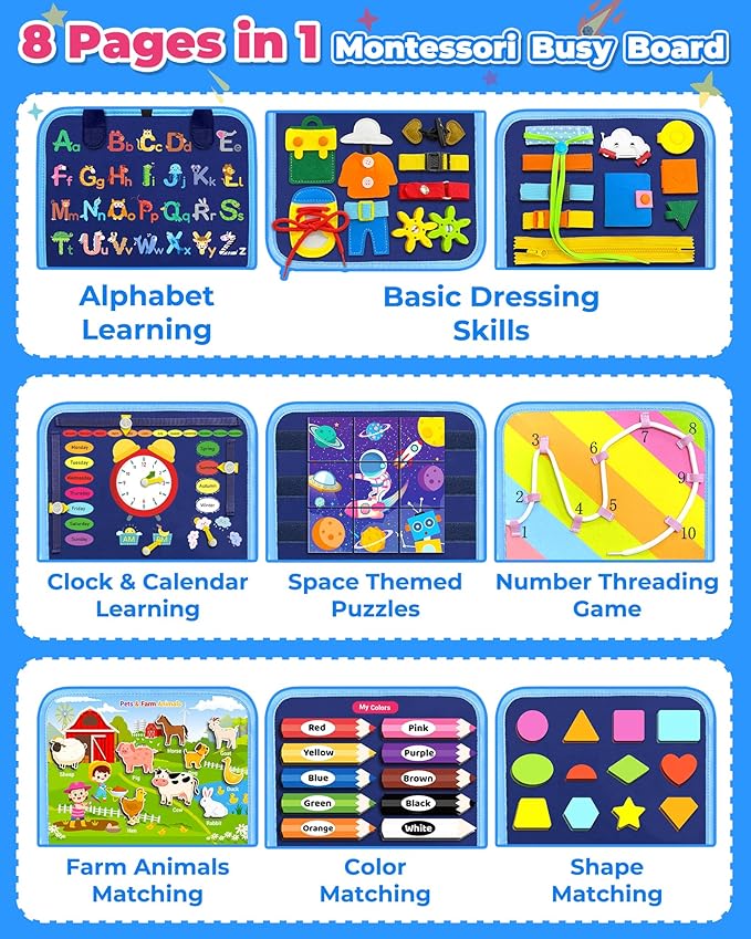 Gojmzo Busy Board Montessori Toys for Toddler Boy Birthday Gifts, Busy Book Sensory Toys for Toddlers, Learning Educational Toddler Travel Activities