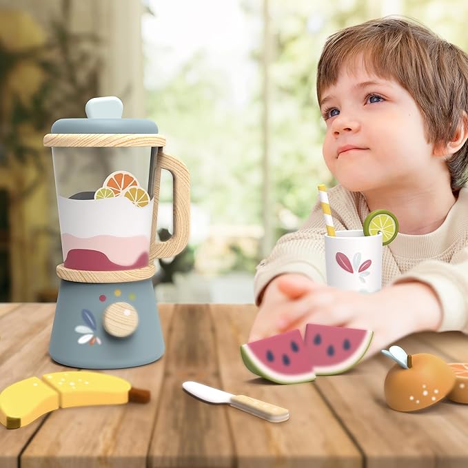 SPEEDY MONKEY Smoothie Maker Blender Set - FSC Wooden Food Blender Toy for Kids, Pretend Play Kitchen Appliance, Role Play Toy Mixer for Toddlers, Fun Fruity Smoothie Playset to Make a Healthy Shake