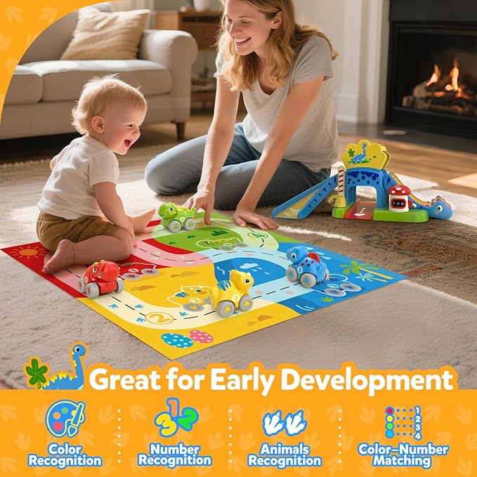 Toddler Toys for 1 2 Year Old Boy Gifts - Educational Dinosaur Slide Set with 4 Color/Number Push Cars and Playmat, Montessori Learning Toy for Baby 12-18 Months,1st Birthday Present Ages 1-2,Primrose