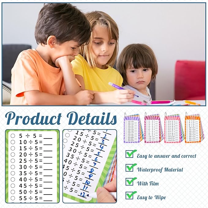 4 Packs of 49 Pcs Multi Math Flash Cards, Addition, Subtraction, Multiplication, & Division Flashcards with 2 Dry Erase Markers 4 Rings Math Games