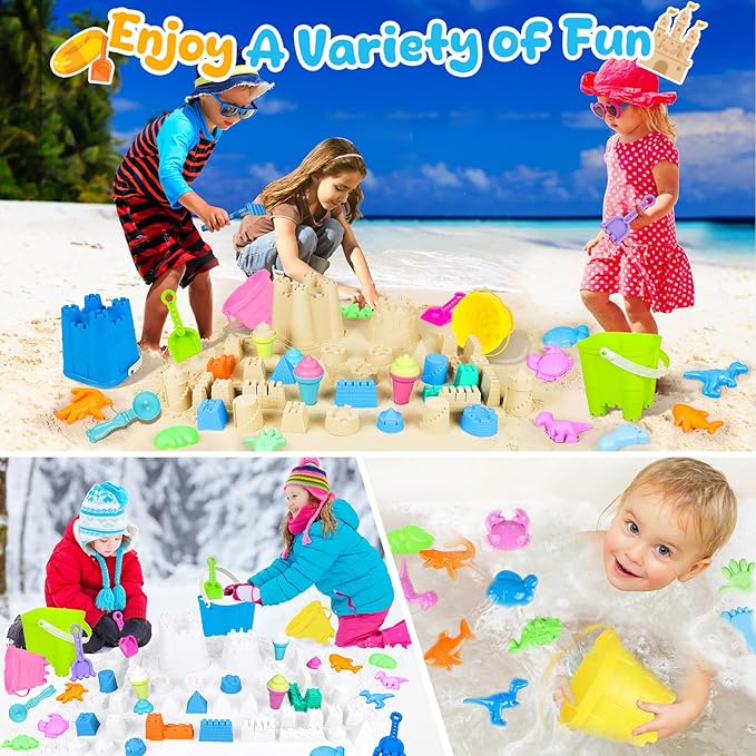 Beach Toys for Kids Toddlers, Sand Castle Toys with 4 Sand Bucket and Shovels, Mesh Bag & Molds, Ice Cream Travel Sandbox for Beach Sandbox for Toddlers Kids Baby Boys Girls Age 3-10