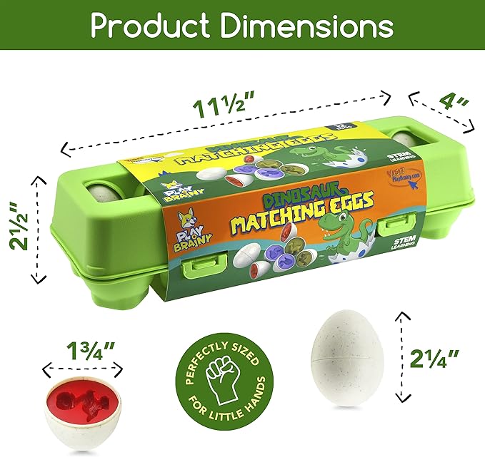 Play Brainy Dinosaur Egg Toys for Toddlers 3+ Montessori, 12 Pc Set, Geometric Egg Puzzle Toy, Early Learning & Educational STEM, Color Recognition, Sorting & Shape Matching, Fine Motor, Easter Gift