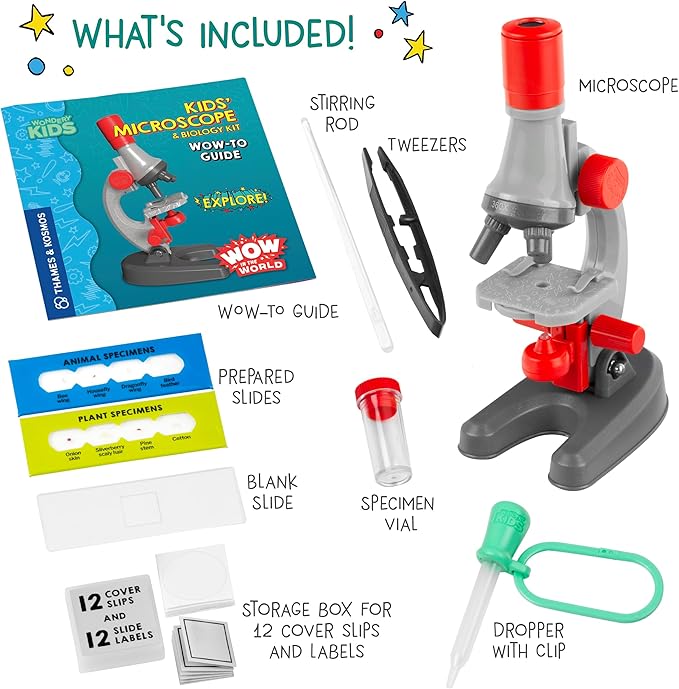 Wow in The World Kids’ Microscope & Biology Kit, Up to 720x Magnification, LED Illumination, Prepared & Blank Slides, Companion Audio Content, Beginner Science Gift for Ages 6+ by Thames & Kosmos