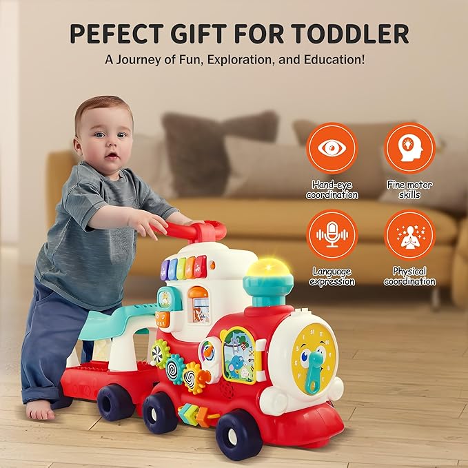 Ride On Toys for Toddlers 1-3 Boys Girls, 4-in-1 Push Pull Sit and Ride Train, Walking Car Toy for 1 Year Old Learning to Walk, Sit-to-Stand Walker for Baby Kids Ages 1 2 3 4 Outdoor Indoor Toy