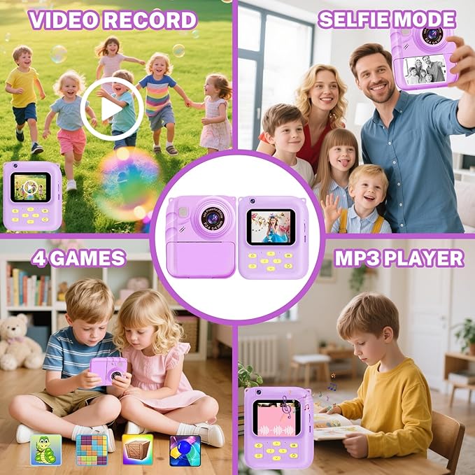 Instant Print Camera for Kids, 1080P Video Camera with 3 Print Rolls, 32GB Card & Cute Cover, Gift for Girls Boys Age 3-12, Toddler Digital Camera with Games, Filters, Music – Purple