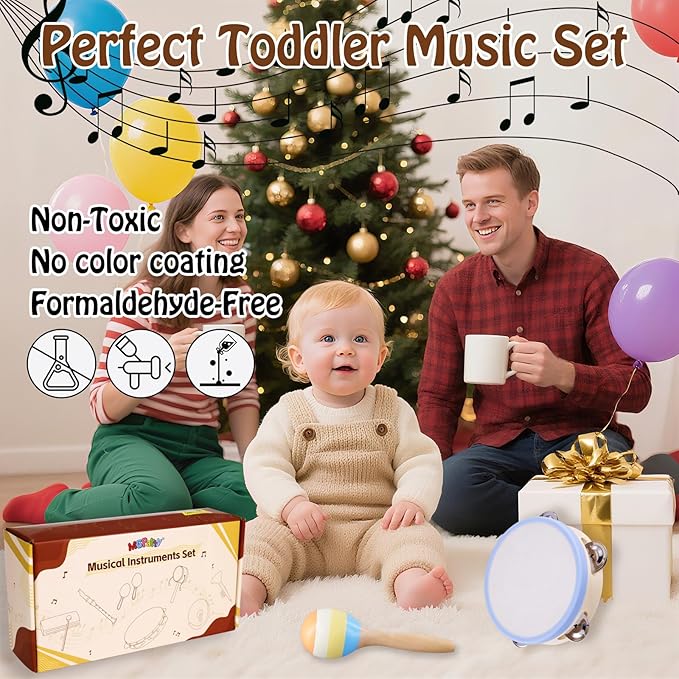 Montessori Musical Instruments for Toddlers, Wooden Baby Music Set with Drum, Flute, Clarinet, Chime Bar, Bells Cymbals, Natural Sensory Learning Toys for Boys Girls 1-3 Years Old