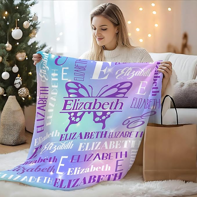 Butterfly Gifts, Personalized Girls Throw Blanket with Name for Kids 4-6, Custom Monogram Blankets for Daughter Niece Toddler, Butterfly Stuff Themed Throws for Cars Travel Camping Party Decor