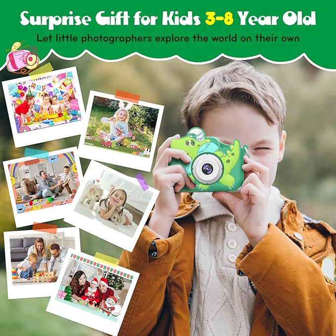 Kids Camera Toys for Kids, Digital Camera for Kids Age 3-8 Toddler Travel Dinosaur Toys, Christmas Birthday Gift for Boys Girls 3 4 5 6 7 8 Year Old, HD 1080P Video Camera, 32G SD Card(Green)