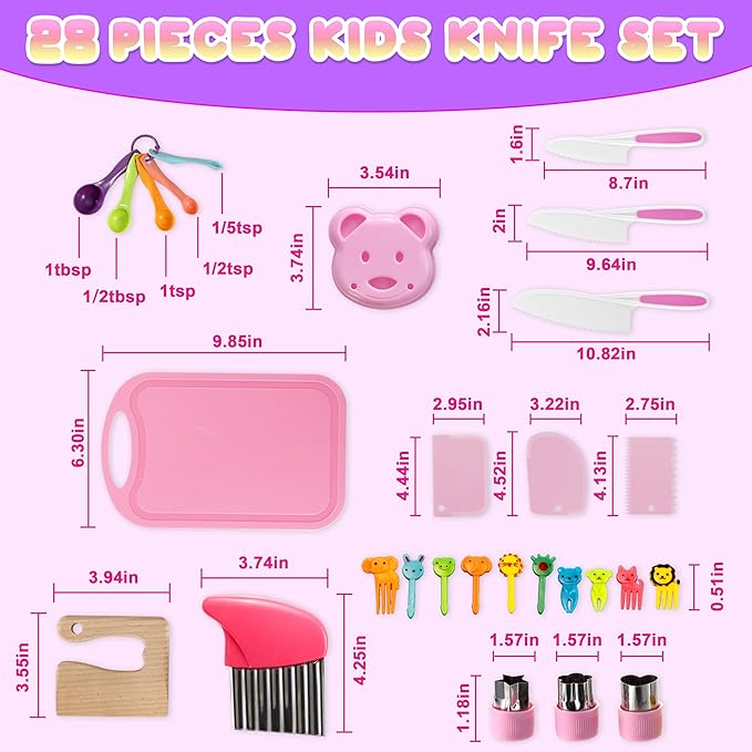 29 Pieces Kitchen Tools-Kids Cooking Sets Real-Toddler Knife Set for Real Cooking, Montessori Toys for 3+,Toddler Utensils with Safe Knives Crinkle Cutter Cutting Board