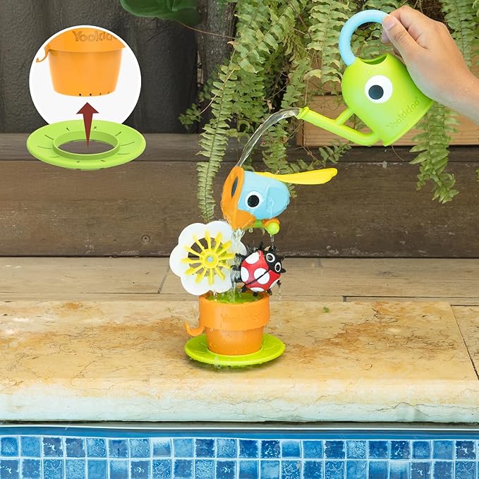 Yookidoo Watering Can Baby Bath Toy (Ages 1-3) Spinning Lady Bug & Tipping Bird Toy With 3 Moving Pieces (Mold Free) - Attaches To Tub Wall For Easy Toy Holder and Storage - For Toddler Bath Time