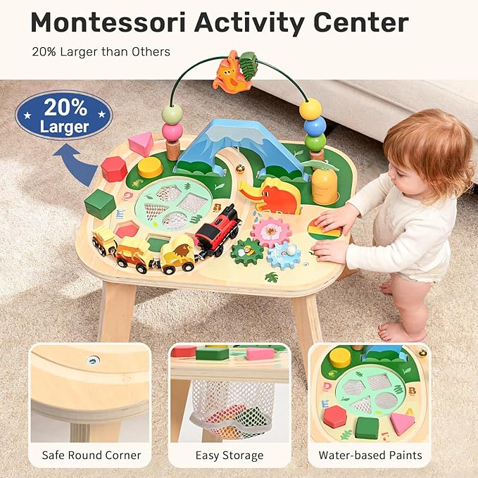 wingyz Activity Table for 1 Year Old Toddler, 9-in-1 Multi-Colorful Wooden Montessori Toys, Baby Play Table with Bead Maze Shape Sorter Train Toy, Educational Gifts for Kids Boys Girls