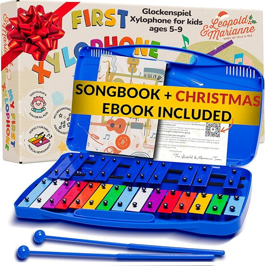 Leopold & Marianne | Xylophone for Kids Ages 5-9 | Kids Musical Instrument | Glockenspiel 25 Notes Chromatic | Color Metal Keys | Music Book Included, Play-Along Videos, Blue Carry Plastic Case