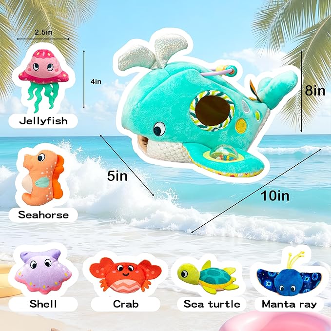 brenzo - Wobble The Whale & Ocean Friends Plush Set | 7-Piece Montessori Sensory Toys for Babies 0-3 | Tummy Time Companions with Rattle, Mirror, Crinkle & Squeaker | Ideal Newborn Toddler Gift