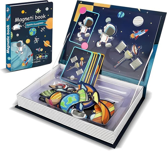 Space Magnetic Travel Game Montessori STEM Quiet Toys for Toddlers 3-5 with 38 Magnets & 16 Activity Cards - Educational Astronaut Magnetic Puzzles Airplane Toy for Kids Ages 3+