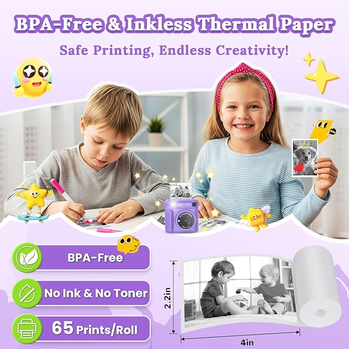 Kids Camera Instant Print, HD Digital Video Recorder with 32GB SD Card, Gifts for 3-12 Year Old Girls and Boys, Portable Toy for Toddlers and Kids(Purple)