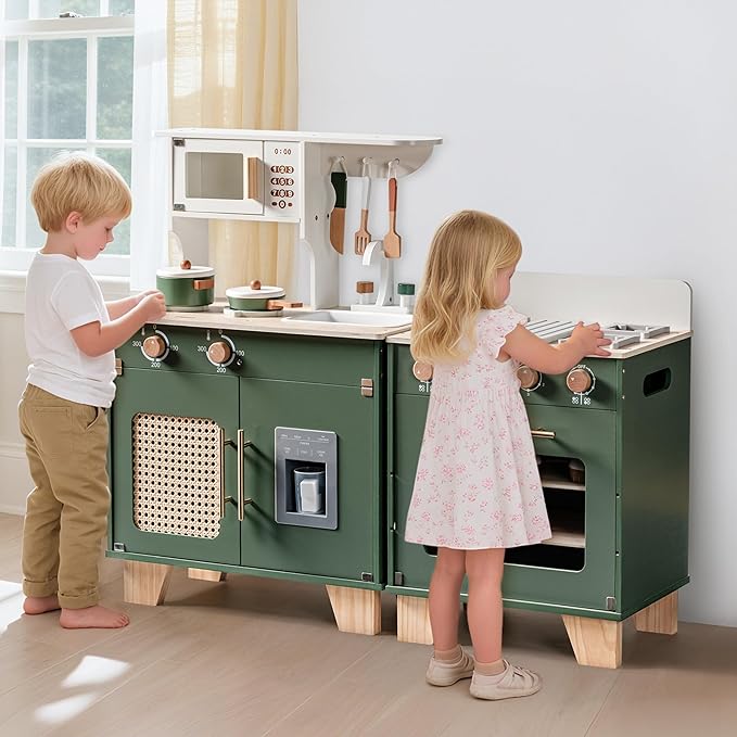 ROBUD Play Kitchen for Kids Toddlers - Wooden Toy Kitchen Set with Play Oven, Play Fridge, 3-in-1 Kids Kitchen Pretend Playset for Girls & Boys 3+