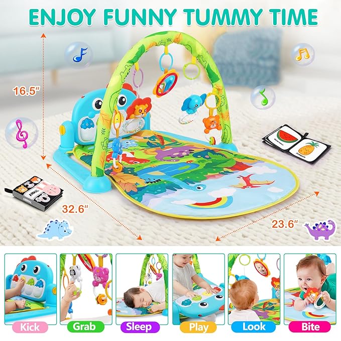 UMIKU Baby Play Mat Baby Tummy Time Mat Musical Activity Center for Infant with High-Contrast Piano Music & Light Newborn Babies Gifts for Boy Girl Babies 0-6 6-12 Months Dinosaur Style