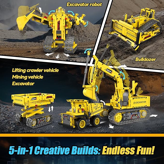 Robot Building Kits, 5-in-1 Stem Toys for Boys Age 8-14, APP & Remote Control Excavator Kids Construction Toys, Programmable Erector Sets, Educational Robotic Kit Gifts for Girls Boys (555 PCS)