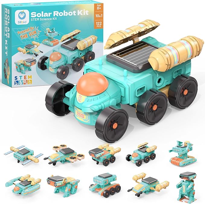 Sillbird Solar Robot Building Kit Christmas STEM Gift for Boys Ages 8-14, 10-in-1 DIY Educational Science Set for Kids Birthday, Sun Powered Space Robotics Toys with 112PCS