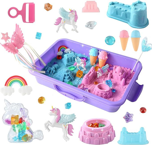 Unicorn Sensory Bin Play Sand Kit for Girls Moulds Toddler Sand Art Kit with Sandbox for Kids for Toddlers Ages 3-8