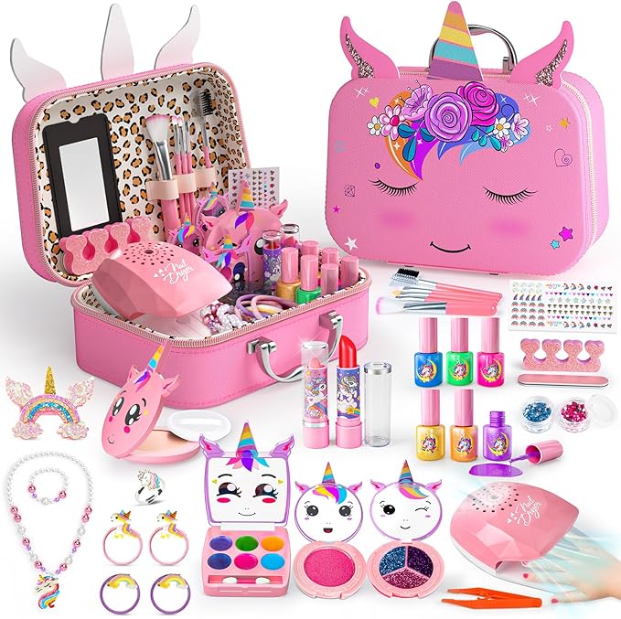 Kids Makeup Kit for Girl - 2 in 1 Kids Washable Makeup Toys & Nail Art Kit with Nail Dryer and Storage Case, Real Girl Makeup Set Birthday Gifts Toys for 3 -12 Year Old Girls, Dark Pink