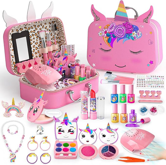 Kids Makeup Kit for Girl - 2 in 1 Kids Washable Makeup Toys & Nail Art Kit with Nail Dryer and Storage Case, Real Girl Makeup Set Birthday Gifts Toys for 3 -12 Year Old Girls, Dark Pink