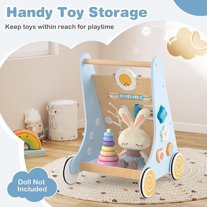 HONEY JOY Baby Push Walker, Wooden Infant Walker Activity Center with Shape Sorter, Develop Motor Skills & Creativity, Push Toys for Babies Learning to Walk, Gift for Boys & Girls