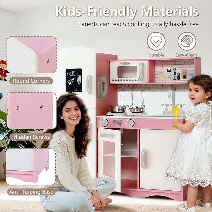 Kinder King Wooden Kids Play Kitchen, Toy Kitchen Playset for Toddler, Pretend Oven, Microwave, Telephone, Chalkboard, Interactive Doors, Knobs, Realistic Kitchen Sets for Boys Girls Age 3+, Pink