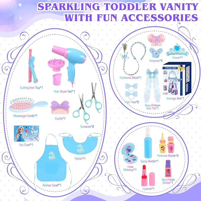 Princess Vanity for Toddlers Girls 3-5 Years Old, Kids Vanity Table and Chair Set with Magic Mirror Light Music, Toddler Makeup Dresser Set, Interactive Pretend Play Dress Up Beauty Salon Toys Gifts